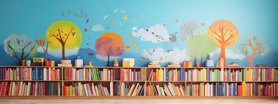 Children's books lie on a bookshelf. Banner