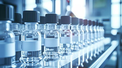 Medical vials on production line at pharmaceutical factory