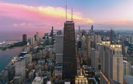 Drone image of Chicago Skyline at Sunset