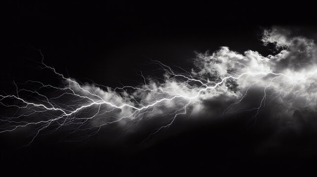 A thunder lightning in the night on black background.