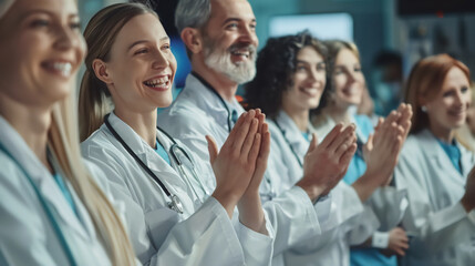 A group of doctors scientist applaud successful  celebration in hospital. - Powered by Adobe
