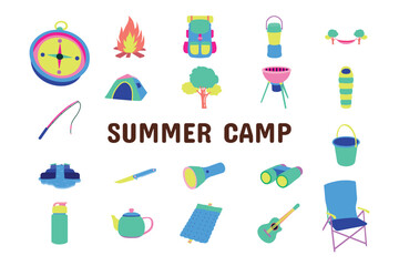 Summer camp Flat Vector Illustration Icon Sticker Set Design Materials