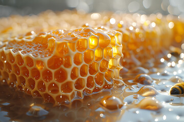 Honeycomb with honey drop   - obrazy, fototapety, plakaty