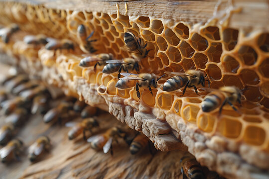 closeup of bees on honeycomb in apiary - selective focus 