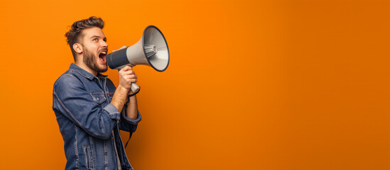 A man shouting through megaphone portrait in the studio orange background.

 - obrazy, fototapety, plakaty