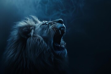 Majestic lion roaring against a dark backdrop Creating a powerful and commanding presence Symbolizing strength Leadership And the wild spirit of nature