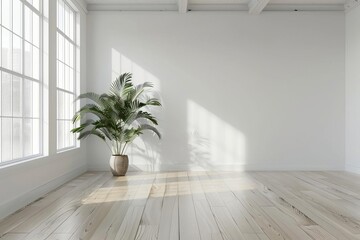 Minimalist interior design featuring an empty white room with sleek wooden floors and a single potted plant Embodying simplicity and modern elegance