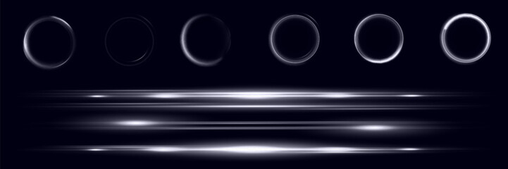 Light effect set. Glow isolated white transparent light effect set, lens flare, explosion, glitter, dust, line, sun flash, spark and stars, spotlight, curve twirl.