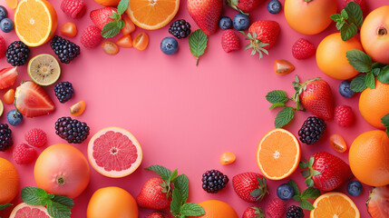 Brightly colored background with a variety of fruits scattered ample copyspace for text