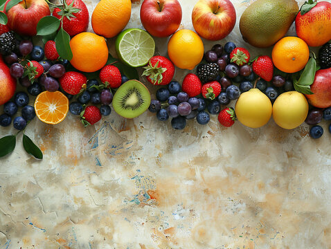 Array of fresh fruits on a pastel canvas spacious layout for creative copyspace
