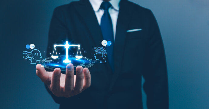 A professional in a suit conjures a futuristic AI and law concept hologram, merging justice and technology symbolically in his palm. Ai ethic concept compliance and regulation involves enforcement.