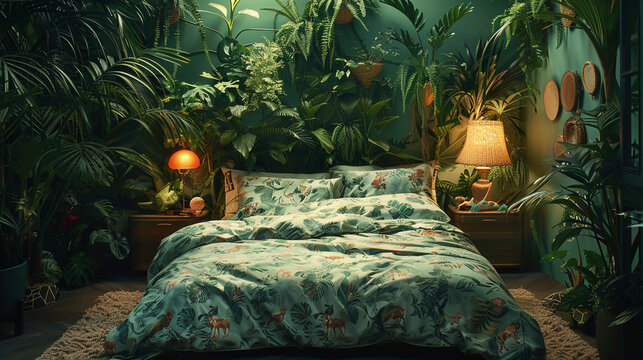 Asleep in a jungle themed room wild animals and lush foliage create a dreamy escape