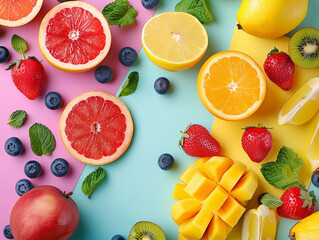 Fresh fruit medley on a lively colorful background spacious for dynamic copyspace