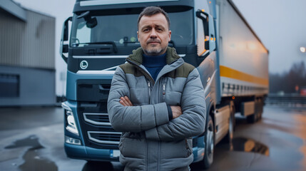 A driver man with a truck portrait. Transportation concept.