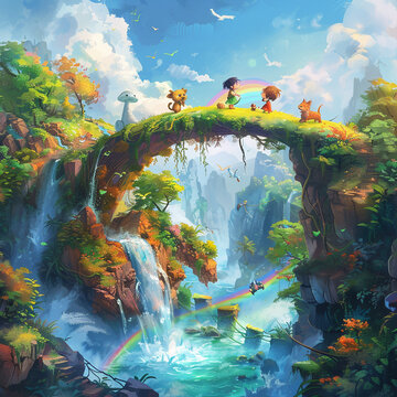 Kids and cartoon animals crafting a rainbow bridge to connect isolated fantasy islands