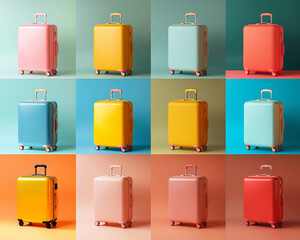 Travel luggage mockups in a palette of bright inviting colors inspiring wanderlust - obrazy, fototapety, plakaty