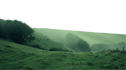 Foggy green hills landscape on transparent background