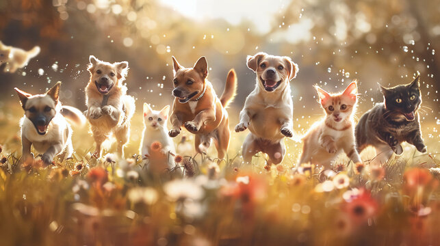 A group of dog playful in a park with natural light.
