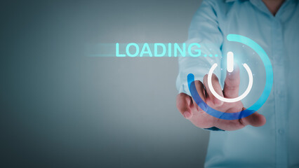 Businessman showing virtual glowing open button to download and loading data information and upload on system network application, Technology data transformation concept, data transfer.