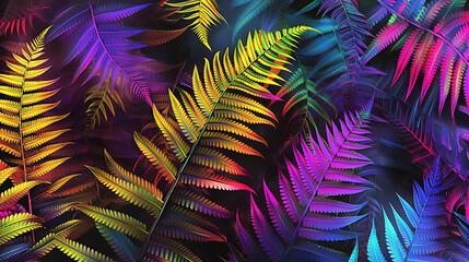 Naklejka premium iridescent metallic fern background colorful leaves pattern wallpaper yellow purple blue vivid bold texture nature shiny sparkling neon glossy design plant holographic foil light dark contrast