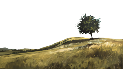 Green field with an elm tree on transparent background