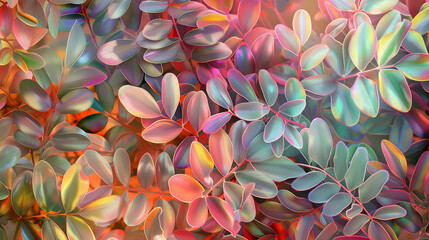 leaves background iridescent metallic colorful pattern wallpaper orange green yellow shiny sparkling neon glossy vivid bold texture nature design plant holographic foil light contrast - obrazy, fototapety, plakaty