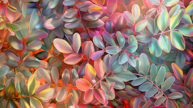 Leaves Background Iridescent Metallic Colorful Pattern Wallpaper Orange Green Yellow Shiny Sparkling Neon Glossy Vivid Bold Texture Nature Design Plant Holographic Foil Light Contrast