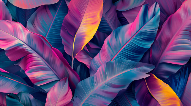 banana leaves background iridescent colorful pattern wallpaper blue pink yellow vivid bold texture nature shiny sparkling neon glossy design plant illustration holographic foil light dark contrast