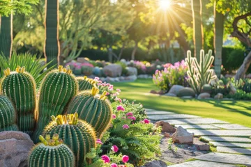 Rolgordijnen cactus, agave and Succulents garden, luxury landscape design with green manicured lawn, beautiful flower beds and path. soft sunrays. © banthita166