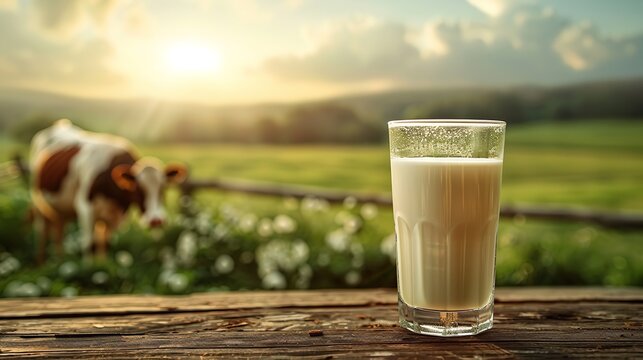A glass of milk in a wooden surface with a blurred cow farm view with a big empty space for text or product, Generative AI.