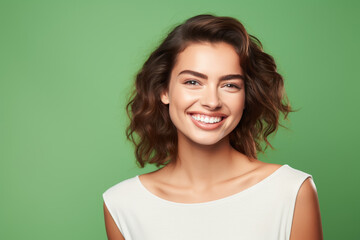 Portrait of a smiling young woman with curly hair against a green background.