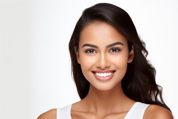 Portrait of a smiling young woman with flawless skin on a white background.