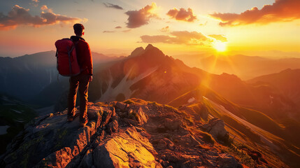Fototapeta premium A hiker with heavy backpack man standing on top of mountain. Landscape photography.
