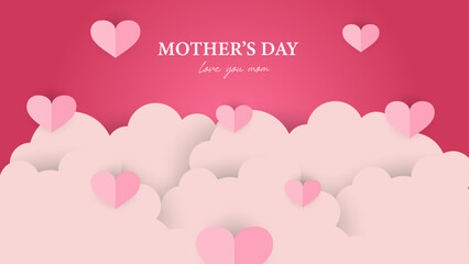 Red and white happy mothers day background with flowers and hearts. Vector illustration