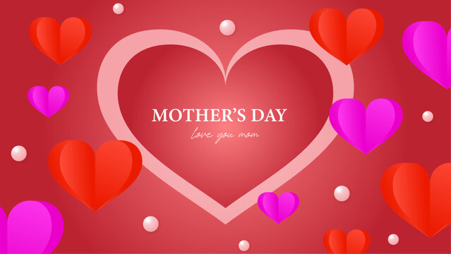 Pink red and white happy mother's day background decorated with love and heart