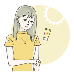 日焼け止めを塗る女性のイラスト(イエロー)