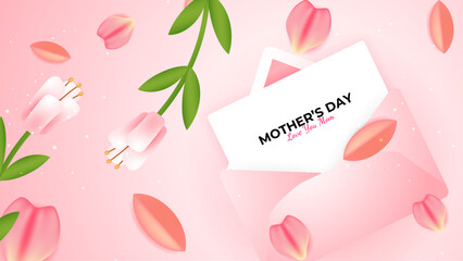 Pink white and green vector beautiful happy mother's day with love and heart background