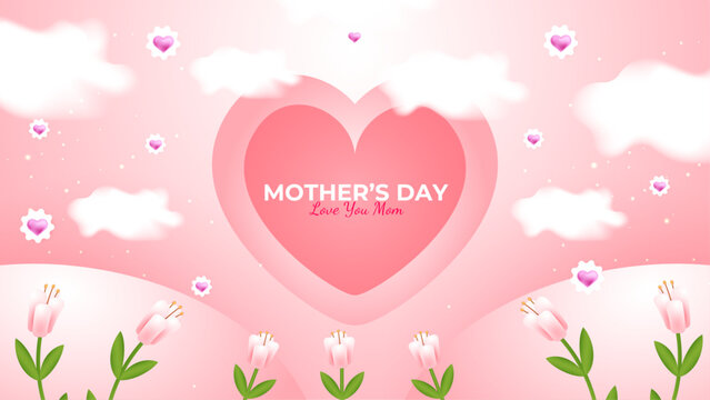 Pink white and green vector mothers day background with love balloons and flowers illustration