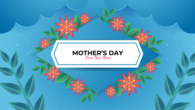 Blue green and pink happy mother's day background decorated with love and heart