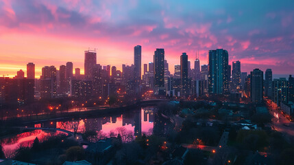 Sprawling urban skyline at dawn the city awakening hues of pink and orange painting the sky reflections on glass facades the promise of a new day - obrazy, fototapety, plakaty