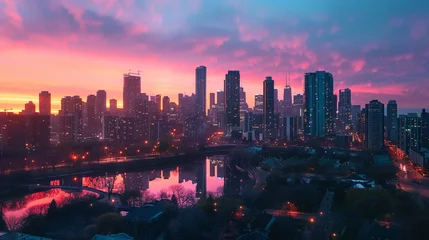 Papier Peint photo Peinture d aquarelle gratte-ciel Sprawling urban skyline at dawn the city awakening hues of pink and orange painting the sky reflections on glass facades the promise of a new day