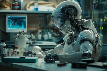 A compelling narrative of Artificial Intelligence evolution showcasing its impact on society and industries captured in a series of documentary style photographs blending editorial and magazine