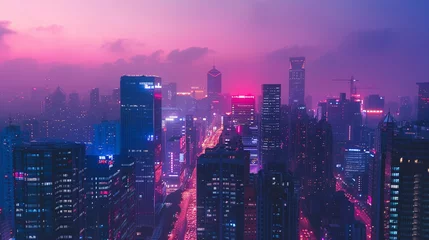Foto op Canvas Bustling cityscape at twilight skyscrapers lit with thousands of lights busy streets below capturing the essence of urban life the transition from day to night © Piyapan