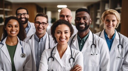 A group of doctors of different nationalities and genders looks at the camera while standing - obrazy, fototapety, plakaty