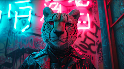 Sleek cheetah adorned with tribal tattoos, wearing a leather jacket, against an urban graffiti...