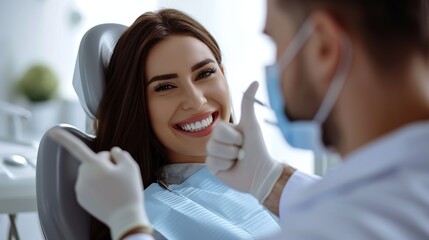 Happy female patient showing thumb up while having check up with male dentist in modern stomatologic clinic, enjoying quality dental treatment