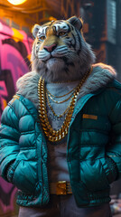 Fototapeta na wymiar Trendsetting tiger in a bomber jacket, accessorized with gold chains, against a graffiti-filled alley backdrop, lit with streetlamp glow, exuding urban sophistication and edge