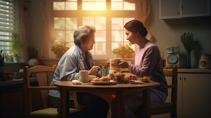 Fototapeta na wymiar Healthcare, elderly woman with nurse with breakfast at her home and at the table in living room. Support or communication, caregiver and conversation. copy space for text.