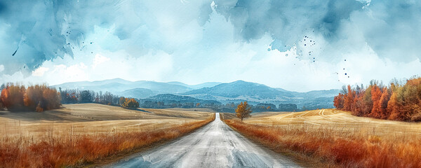 Watercolor painting of autumnal landscape with a road leading towards mountains