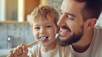 Hygiene, bathroom and father brushing teeth with child for oral health and wellness at home. Bonding, happy and young dad and boy kid with morning dental care routine together at house.